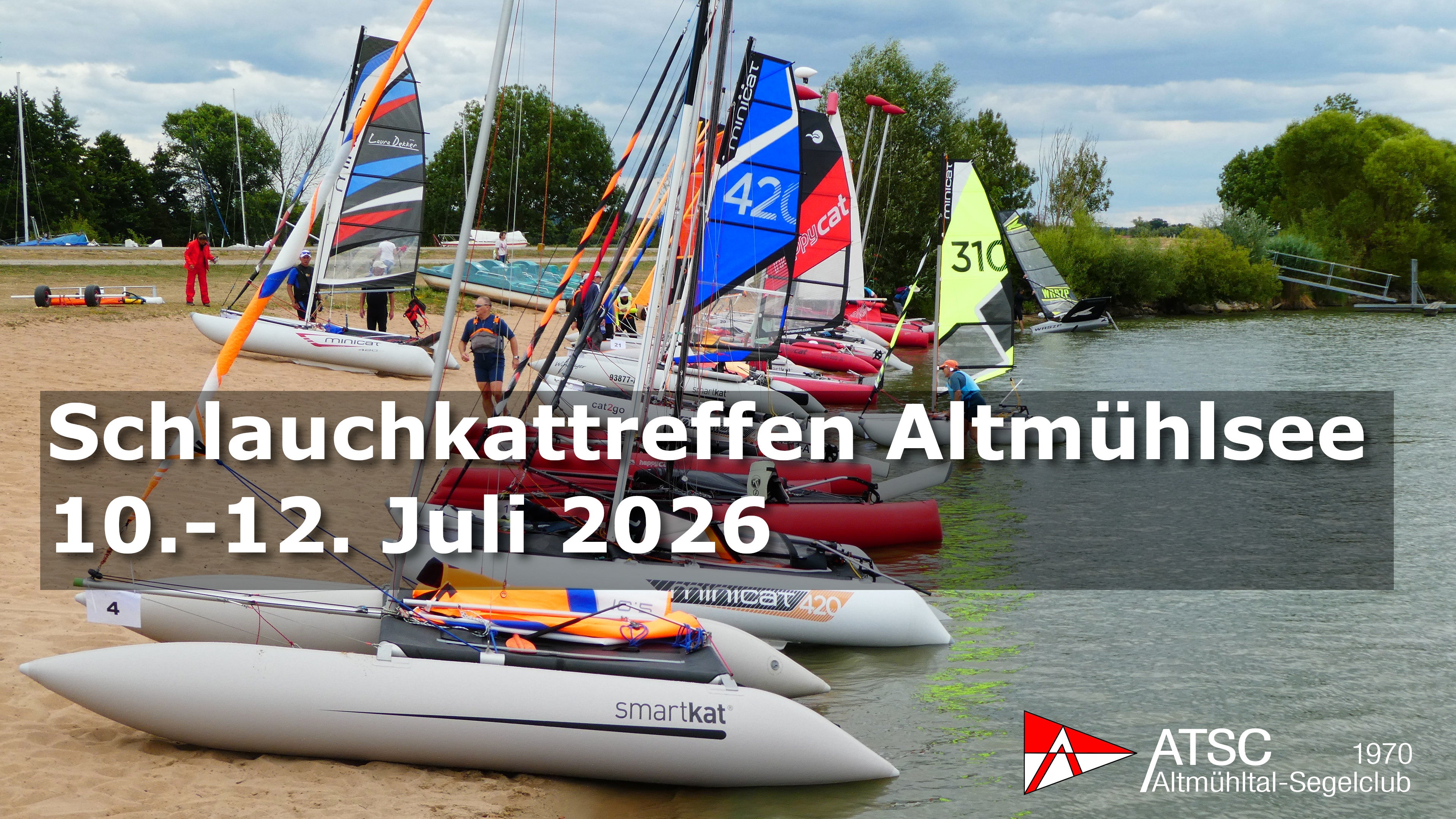 Inflatable catamarans on the beach with the text Schlauchkattreffen Altm&uuml;hlsee 10-12 July 2026