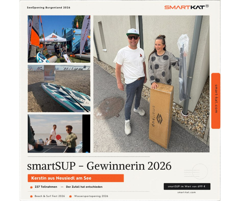 smartkat smartsup-Gewinnerin 2026: Kerstin R. aus Neusiedl am See erhält ihr smartsup nach dem Gewinnspiel beim Seeopening Burgenland persönlich übergeben.